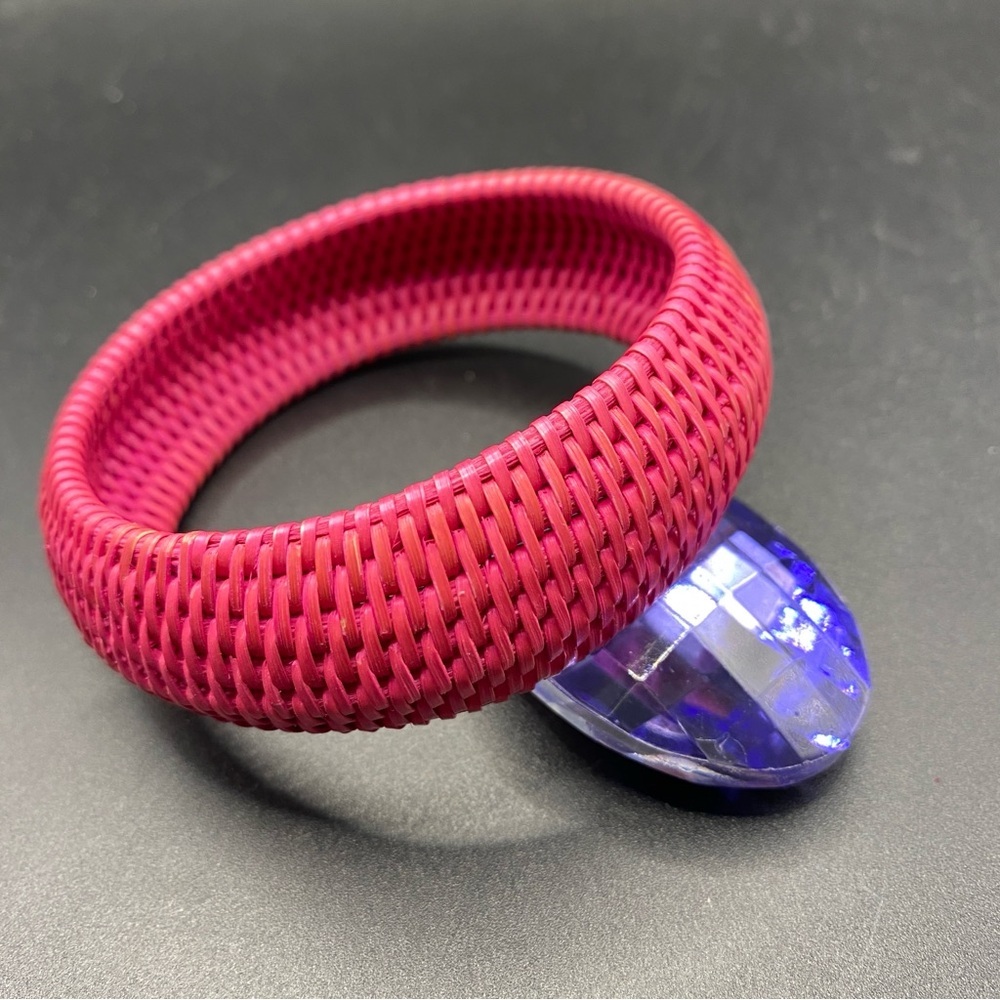 Pink Wicker Rattan Bangle Bracelet Summer Vibes Basket Weave Style
